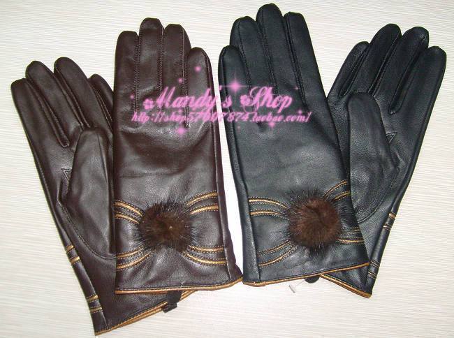 Women genuine leather sheepskin gloves fashion mink hair ornaments winter thermal gloves