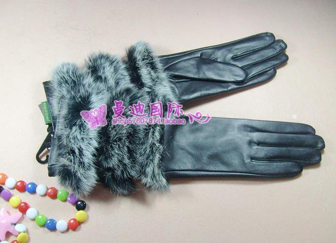 Women genuine leather sheepskin gloves rabbit fur gloves fur long women's fashion winter thermal