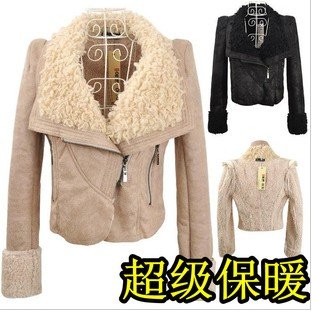 women high quality PU leather jacket,beige / black colour /fur wool lining / lady's slim warm coat /size S-XL 8091