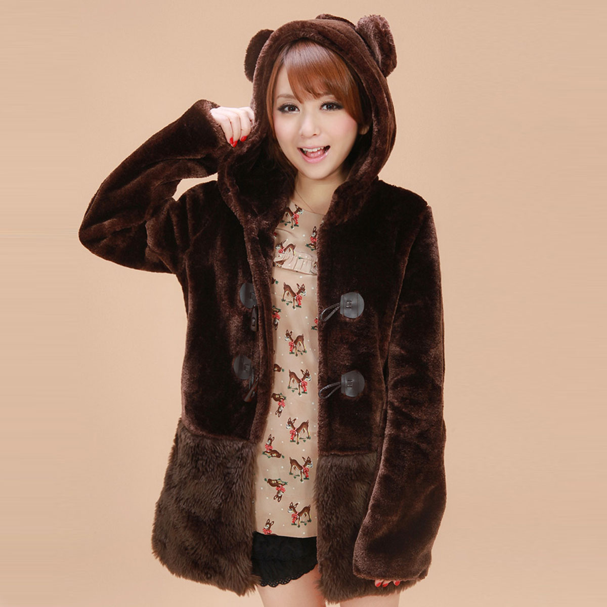 women High quality thickening warm plush hoodies coats - coffee color #112856