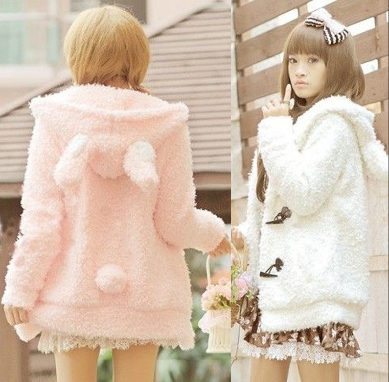 Women hoodies Sexy Top Cute Rabbit Ears Fluffy Balls Sweatshirts long coat 2 Colors free shipping M214