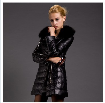 Women import sheep skin collar big fox collars leather down jacket,free shipping