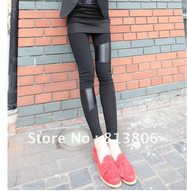 women  irregular     imitation leather    split joint    AceCool     Leggings  black