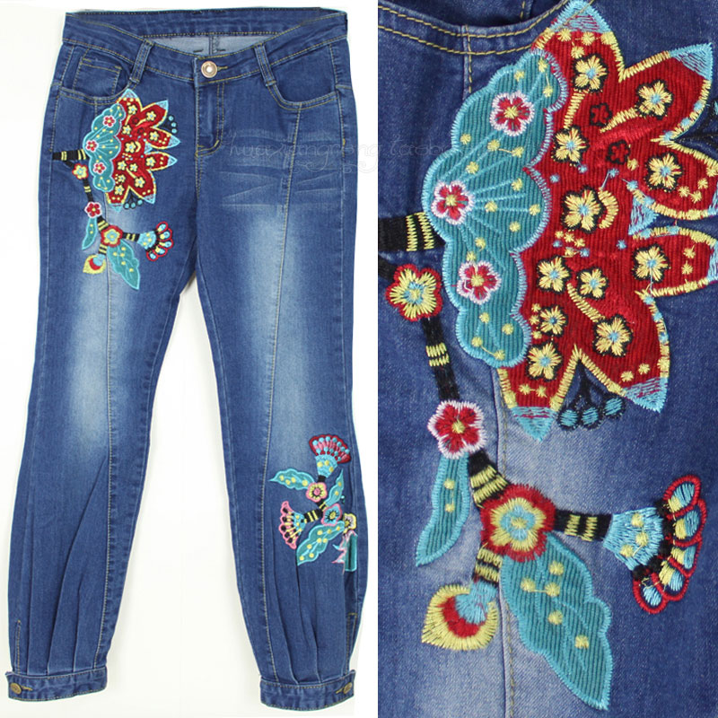 Women jeans flower national trend embroidered lantern denim trousers  denim jeans