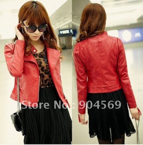 Women Korea PU leather jackets womens jacket red black blue jackets Size S M L XL free shipping