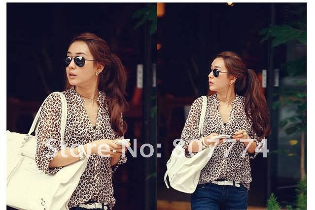 women Korea style leopard print V Neck turn-up cuff thin long sleeve shirt chiffon mandarin blouse S/M/L free shopping