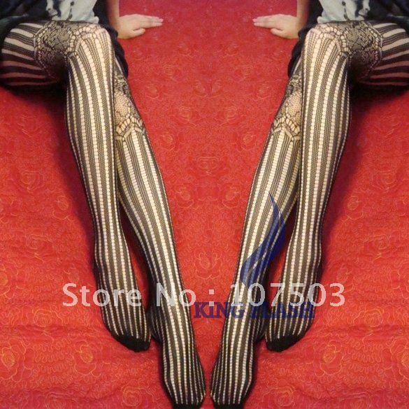 Women Lace Grain Upper Thighs Stripe Through Net Stockings Leggings Black Sexy Free Shipping 5999