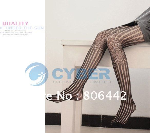 Women Lace Grain Upper Thighs Stripe Through Net Stockings Leggings Black Sexy Free Shipping