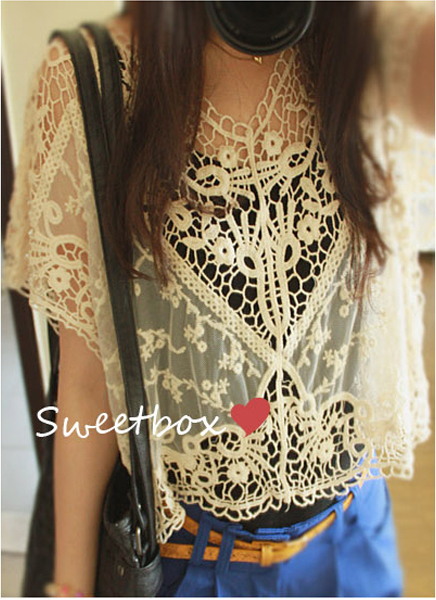 Women Lace Sweet Flower Hollow Out Crochet Knit Batwing Loose Blouse Tops Shirt Beiges Black White