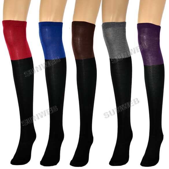 Women Ladies Two Tone Thigh Knee High Socks Cotton High Legging Stocking 5 Colors free shipping 8147