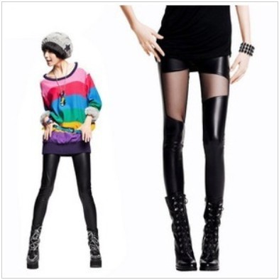 Women Lady Splice Net Yarn Imitation leather Leggings Tights Pants Fashion NEW Irregular Patchwork  Sexy Charm Tight  Pants