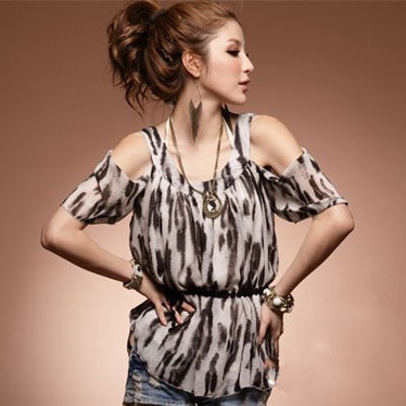 Women leopard print off shoulder chiffon scoop neck short sleeves blouse Free shipping