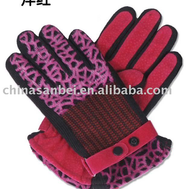 Women leopard Suede Leather Gloves lady doule layer