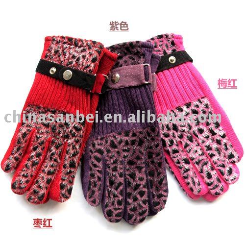 Women leopard Suede Leather Gloves lady doule layer