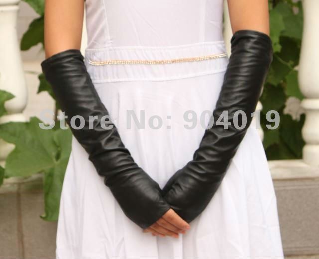 Women Long Fashion Genuine Lamb Leather Opera Gloves Half Finger Palm S M L