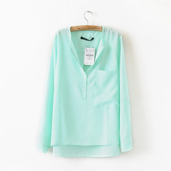 Women Long Sleeve  Chiffon Blouses Five Color Choice Front Short Back Long 8408