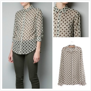 Women Long Sleeve Geometric Prints Vintage Chiffon Blouse Ladies Tops B08-14-022