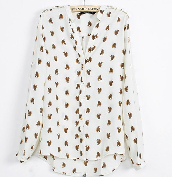 Women Long Sleeve Printed Chiffon Blouse Free Shipping B-2-32301