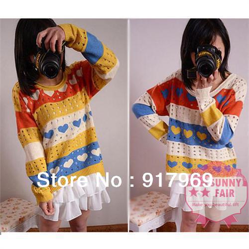 Women Loose Colorful Eyelet Sava Saga Asy Hem Mix Color Heart-shaped Knit Long Blouse