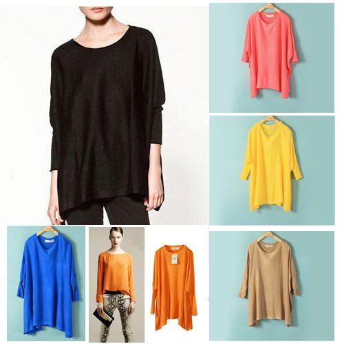 Women Loose Scoop Neck Knitted Pullover Smock Thin Sweater Jacket