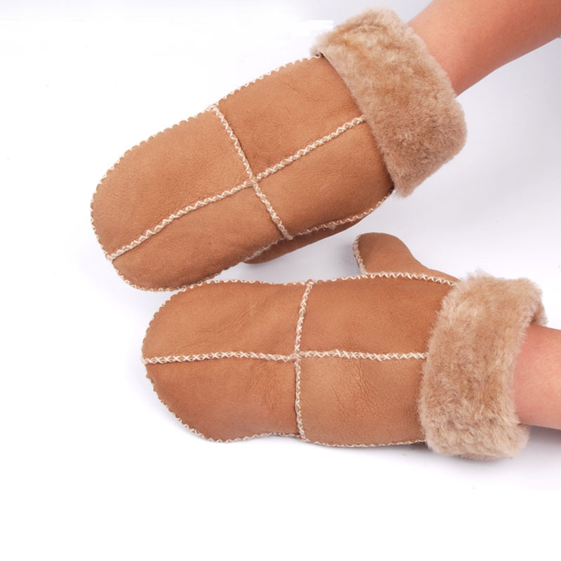 women mittens leather glove with full fur for cold winter