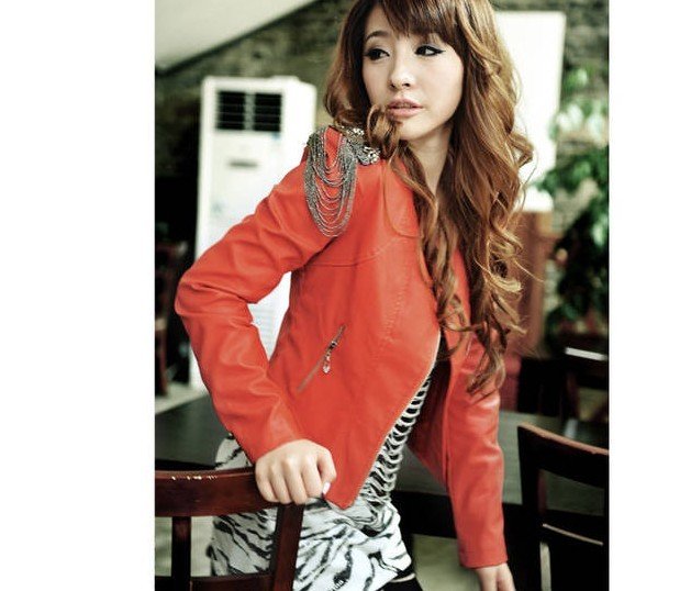 women must have Fashion short style slim Badges tassels zip PU Leather Coat Jacket Free Shipping