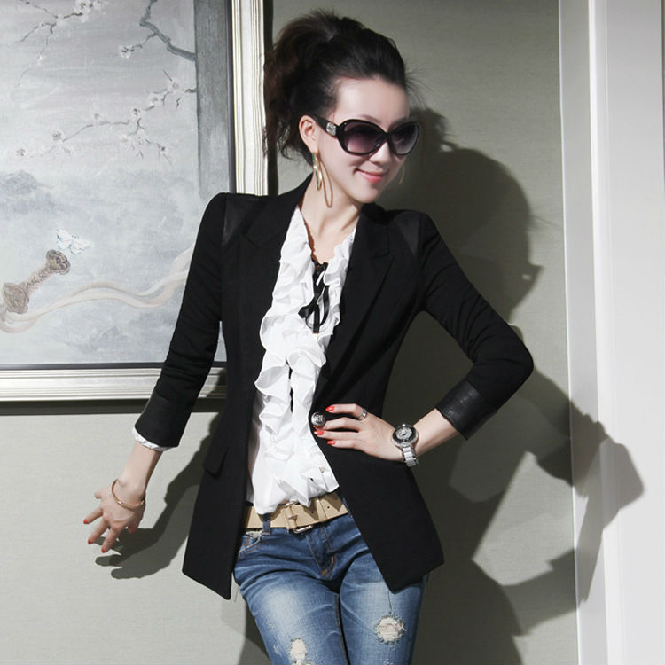 Women new autumn and winter fashion suit Slim models with leather jacket black