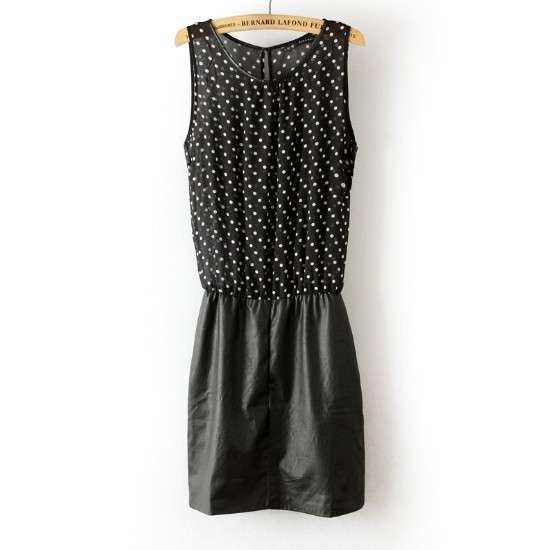 Women New Fashion Dot Printed Chiffon Splicing Pu-leather Vest Dress