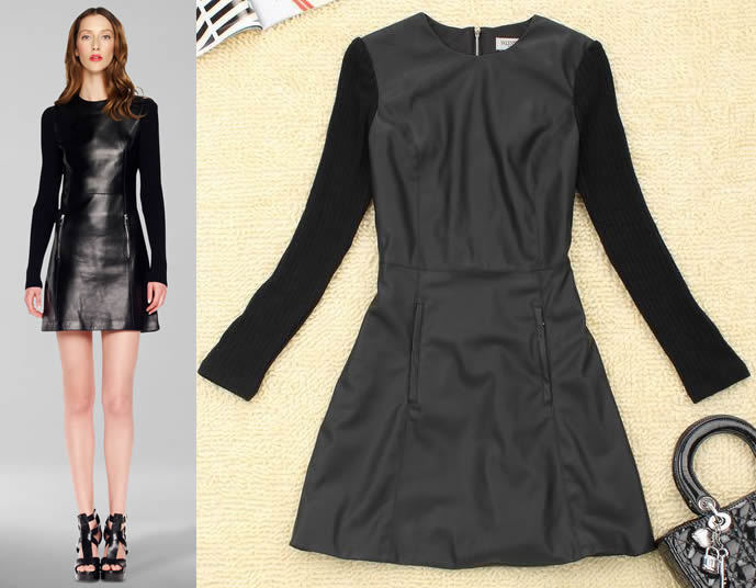 Women new fashion dresses elegant long sleeve leather OL career dresses