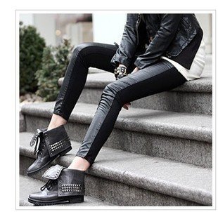 Women New Faux Leather Pants Front Leather Back Cotton Stitching Leggings Show Thin Slim Pantyhose Black Free Shipping