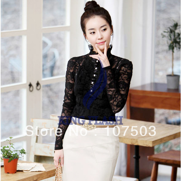 Women New High Neck Long Sleeve Lace Blouse Tops with Braces Vest Black, White 3 Size Free shipping 7416