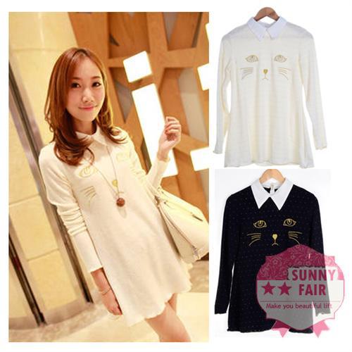 Women New Lapel Cat Printed Fake Two-Pieces Small Dots Golden Collar Mini Dress