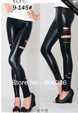 Women New Side Destroyed Shiny Leather Look Metallic Punk leggings   B337