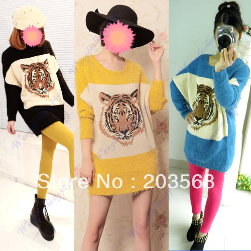 Women O-neck Tiger Sweater Knitted Wear Loose Soft Knitting Pullovers+ Free Shipping