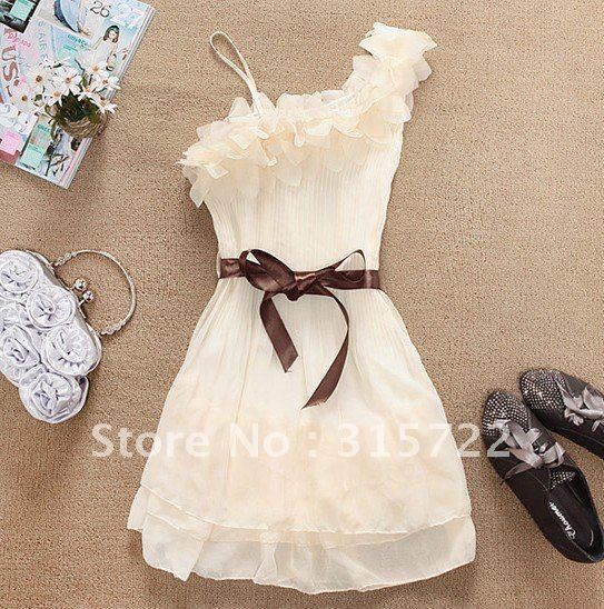 Women One Shoulder Sweet Pleated Party Chiffon Dress  A-006