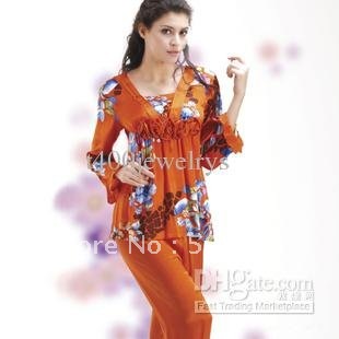 women pajamas long sleeve sleepwear silk print Noble Charms two set coat+pants pajama home wear 023