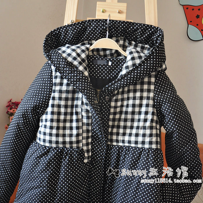 Women plaid patchwork polka dot hooded involucres wadded jacket expansion bottom cotton-padded jacket cotton-padded outerwear