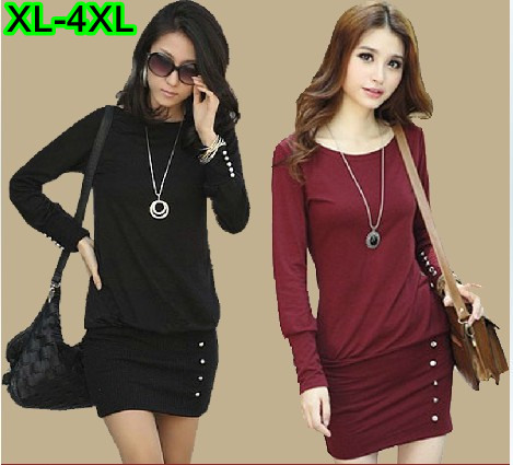 Women Plus Size Black Red Long Sleeve O-neck Slim Lycra Cotton Elastic Dress Fashion OL Spring Dresses Size XL-4XL