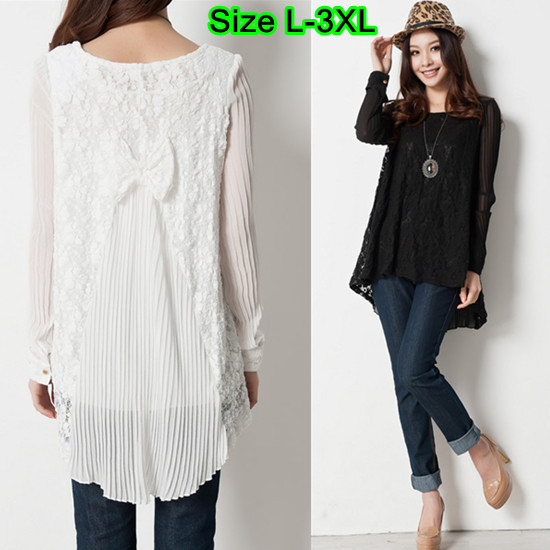 Women Plus Size Black White O-neck Long Sleeve Pleated V-back Lace Bow Chiffon Ruffled Long Shirt Fashion Swallow tail Blouses