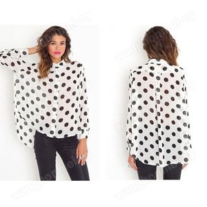 Women Polka Dot Turn Down Collar Chiffon Shirt