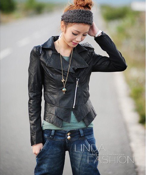 Women PU Leather Jacket  MOQ 1pc Color:Black Size:S-M-L Wholesale Free Shipping EY-24