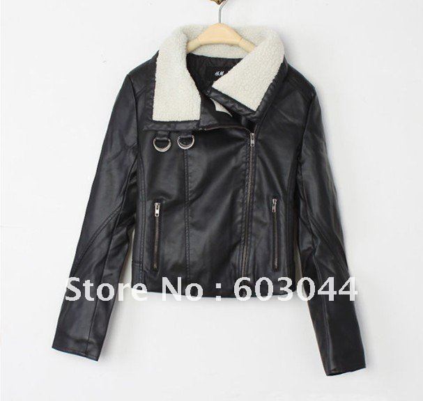 WOMEN PU  LEATHER JACKET WITH LAMB FUR COLLAR MOQ 1PC SIZE:S M L XL+ FREE SHIPPING (1PC) 2085