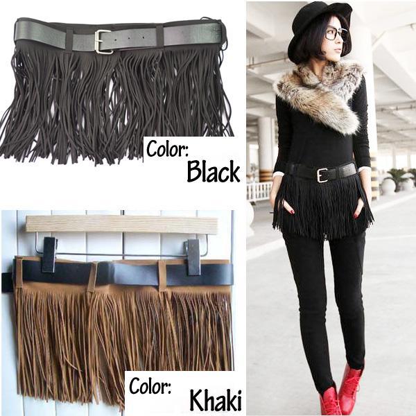 Women Punk Faux Leather Adjustable Fringe Tassel Mini Skirt Waistband Belt FZ546