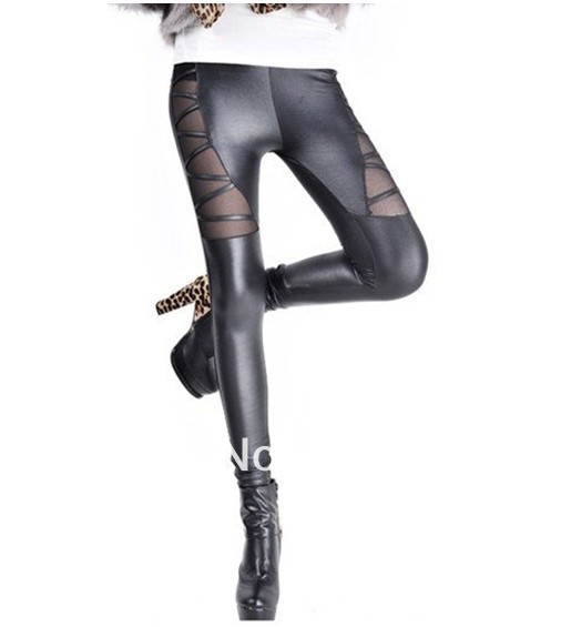 Women Punk Metallic Leather Look+Yarn Punk Leggings    B275