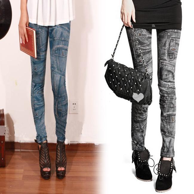 Women Punk Rock Sexy Faux Jean Jegging Legging Denim Look Slim Tight Pants FZ544