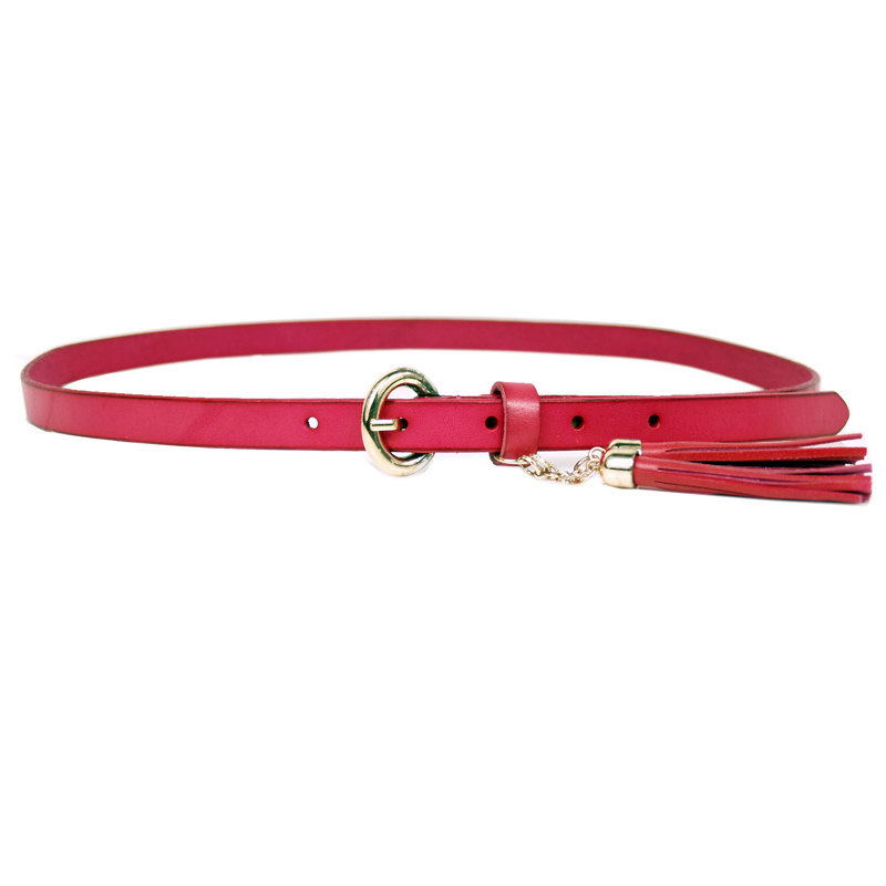 Women pure first layer of cowhide strap vintage fashion tieclasps ultrafine tassel decoration genuine leather belt red