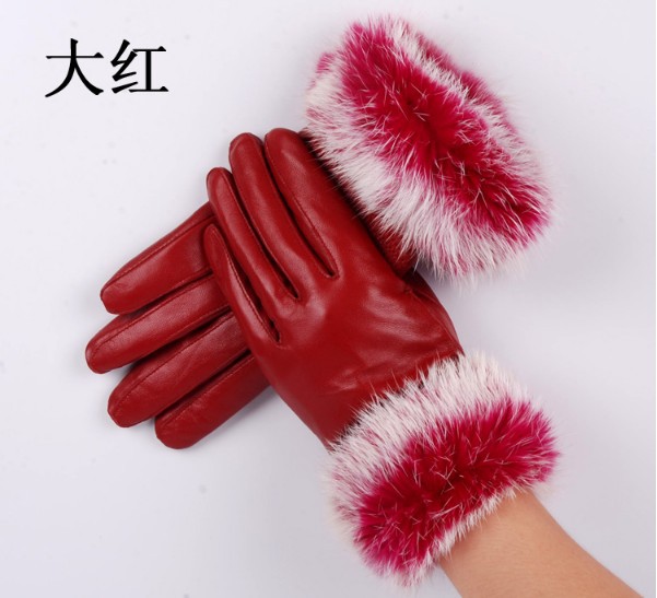 Women rabbit fur sheepskin leather warm gloves size L