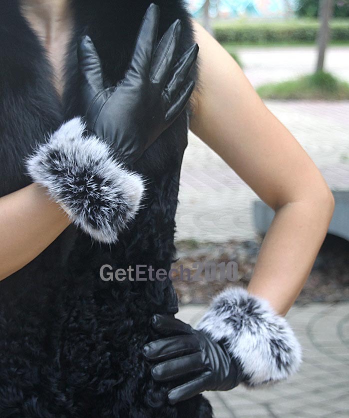 Women rabbit fur sheepskin leather warm gloves size M