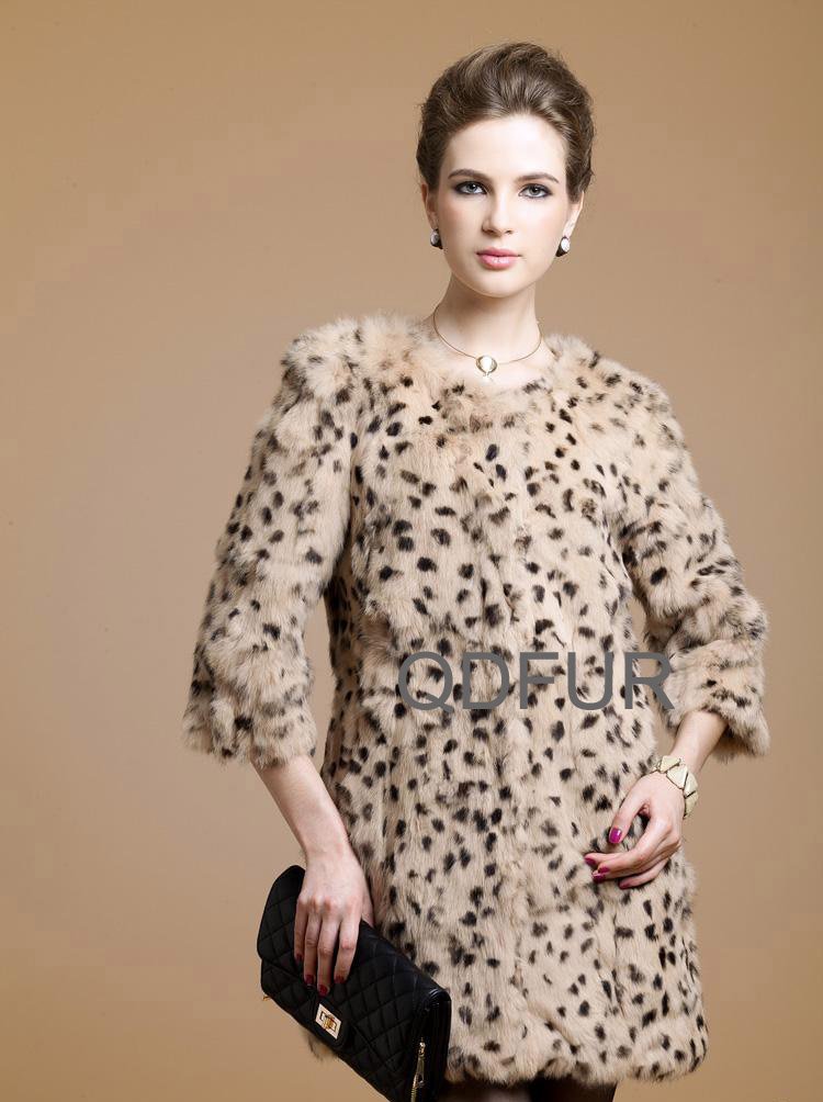 Women Real  Leopard Printed Rabbit Fur Coat with Three Quarter Sleeve Outwear O-Neck Garment QD22025  A G