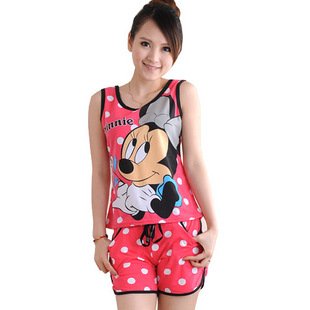 Women Red & Silver Short Pants With Mickey Mouse Design